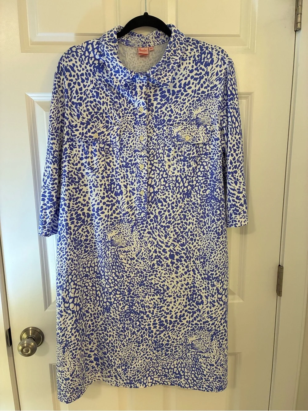 Persifor Winpenny Blue & White 3/4 Sleeves A Line Button Placket Dress Plus XL